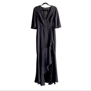 BCBGMAXAZRIA Cape Sleeve V-Neck Asymmetrical Ruffle Maxi Dress Black 6